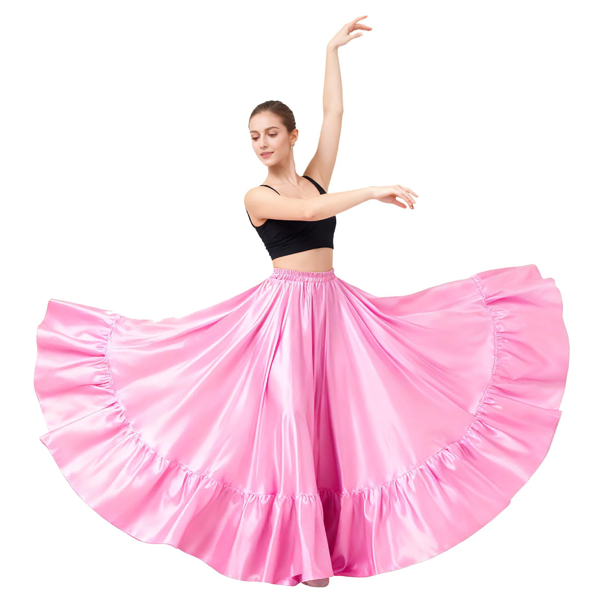 Satin Belly Dance Skirt for Women Maxi Midi Dress Circle Skirt Elastic Waist Stage Performance Holiday Party Dance Skirts