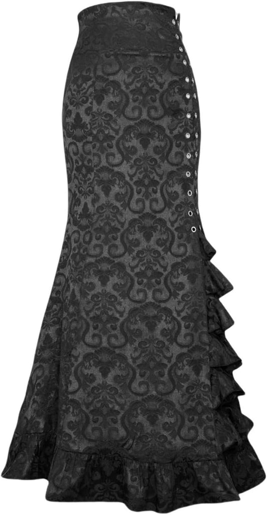 Women Goth Renaissance Mermaid Long Maxi Skirt - Lace-up Ruffled Floral Vintage Style, Club Disco Ball
