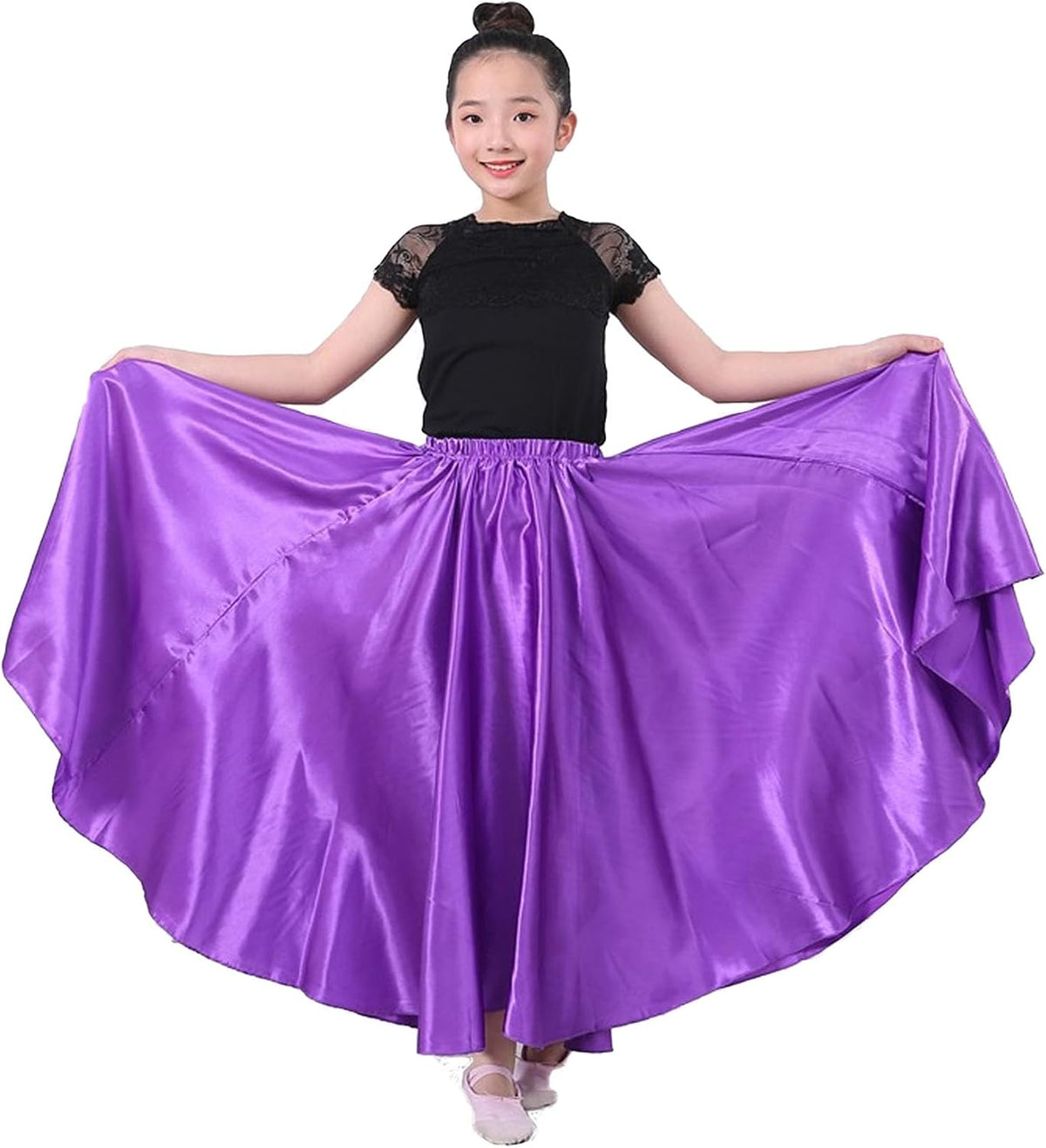 Girls Satin Full Circle Ankle Length Swing Long Skirt Belly Dance Performance Costume for School Children 8-12 Years