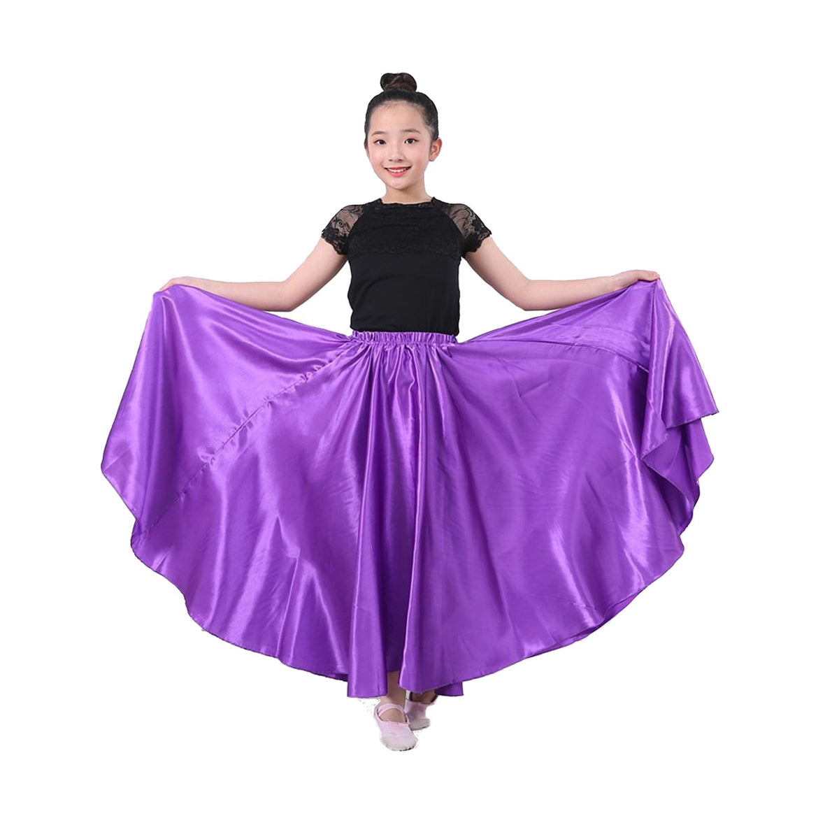 Girls Satin Full Circle Ankle Length Swing Long Skirt Belly Dance Performance Costume for School Children 8-12 Years