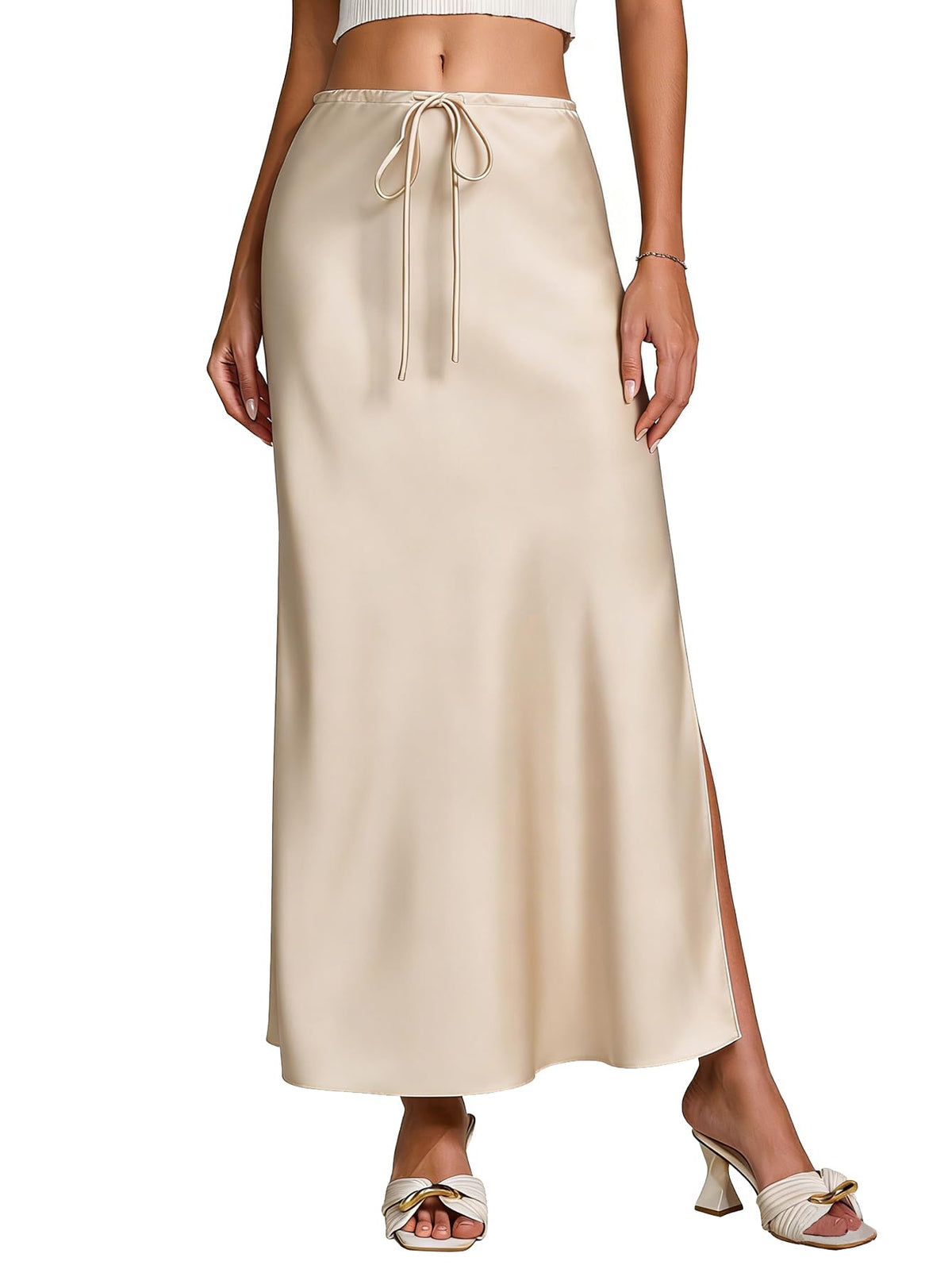 Women's Satin Silk Maxi Skirts Slit Drawstring Flared Casual A-Line Long Skirt for Women Ankle-Length Skirt