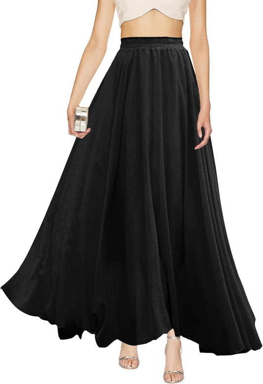 v28 Women Full/Ankle Length Elastic Pleated Retro Maxi Chiffon Long Skirt