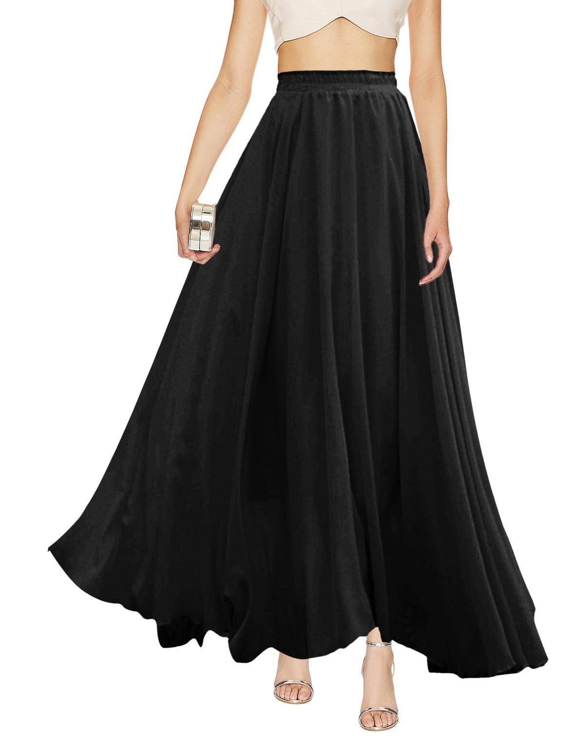v28 Women Full/Ankle Length Elastic Pleated Retro Maxi Chiffon Long Skirt