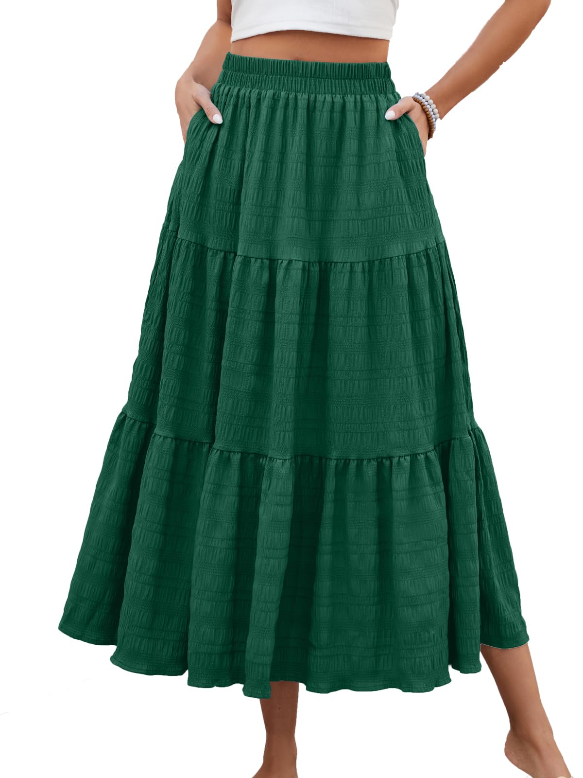 HUSKARY Women's Summer Casual Elegant Smock Layered Tiered Maxi Skirt High Waisted A Line Flowy Long Skirts with Pockets
