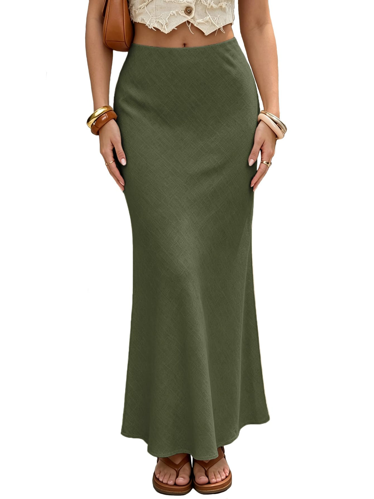 Linen Maxi Skirts Elastic Waist Flared 2026 Spring Summer White Long Linen Skirts for Women Ankle-Length Skirt