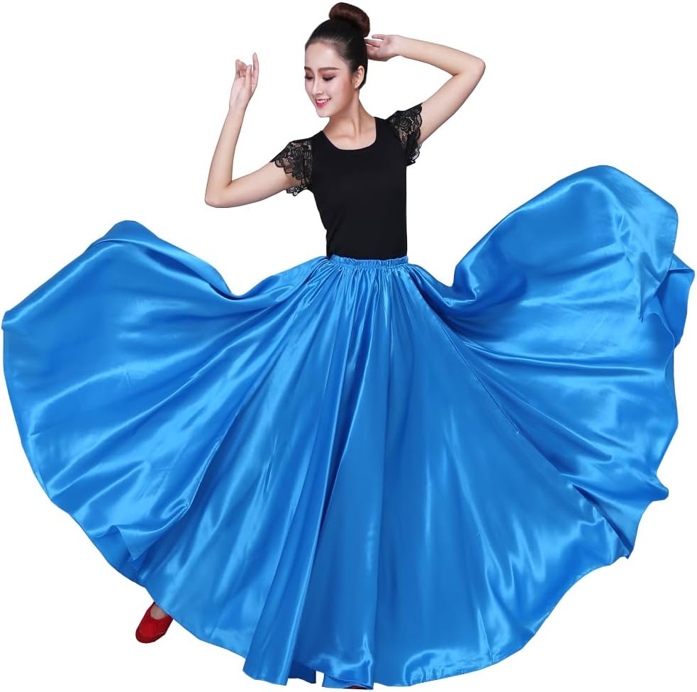 Women 38" Long Satin Full Shiny Maxi Skirt - Perfect for Latin, Belly Dance Performance Cosplay Show Party & Travel
