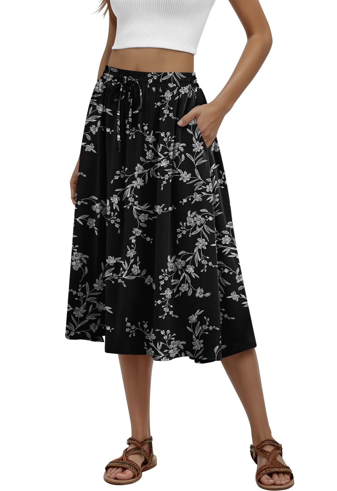 MLXSJ Women's Midi Skirt Summer Pleated Flowy Skirts with Pockets S-3XL