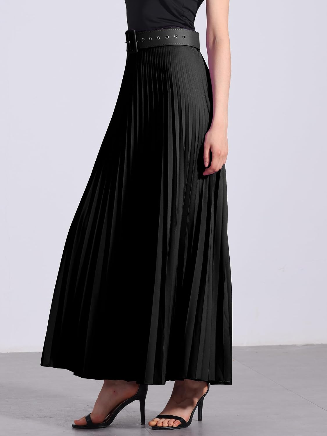 Allegra K Women High Waist Elastic Flowy A-Line Maxi Pleated Skirt