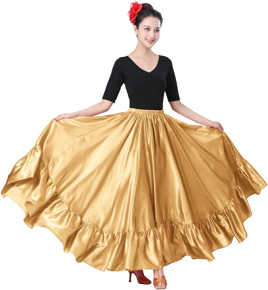 SANCAN Ruffle Long Full Folklorico Mexican Bomba y Plena Dance Skirt for Women
