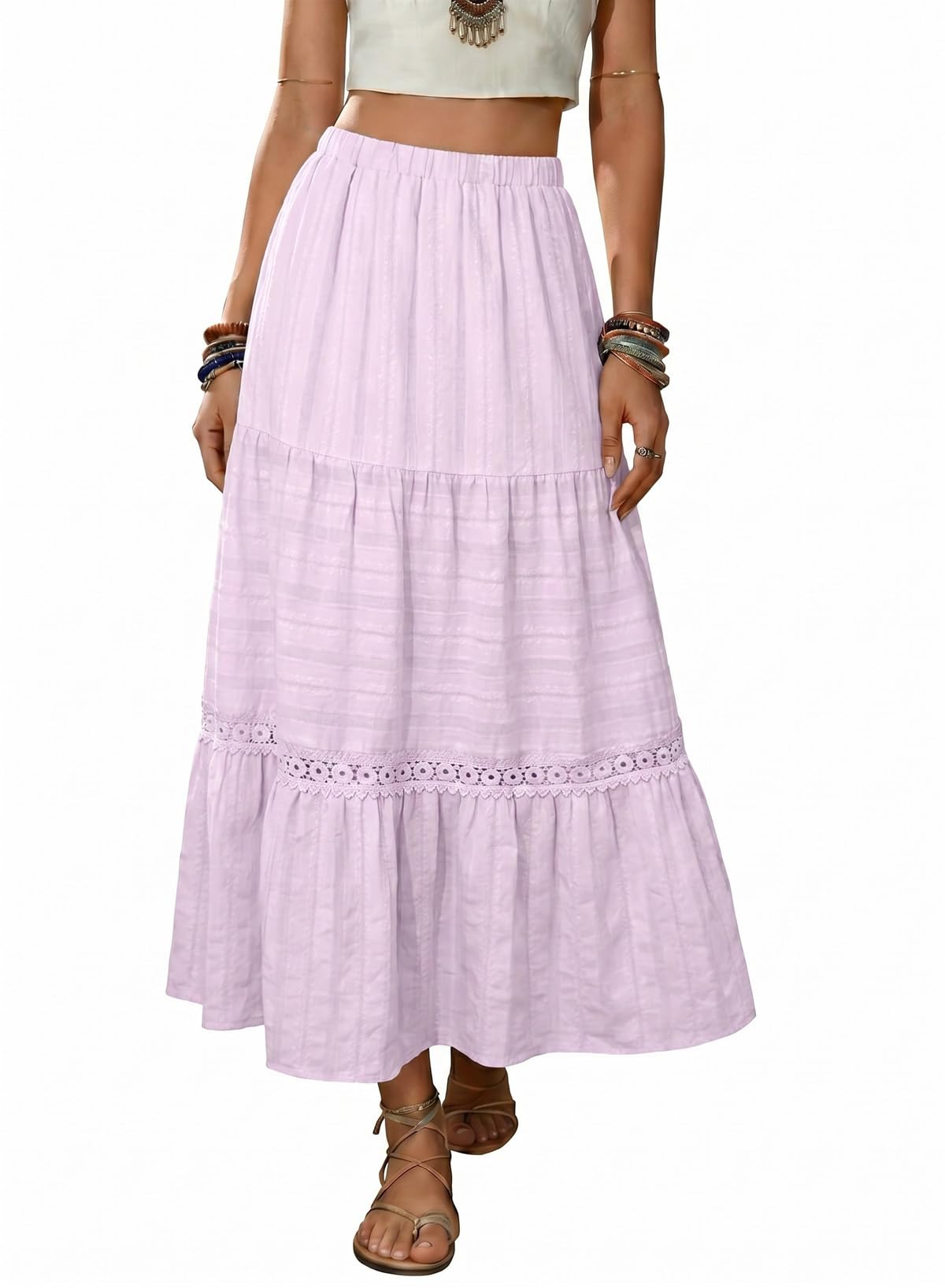 BLENCOT Women's Boho Tiered High Waisted Cotton Long Flowy Skirt
