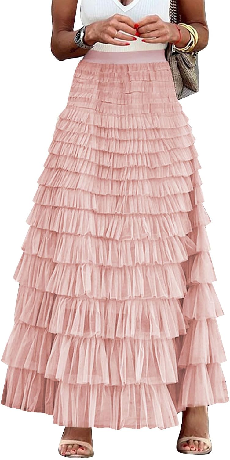 Flygo Women Long Maxi Tiered Tulle Skirts A Line Ruffle Layered Fairy Skirt