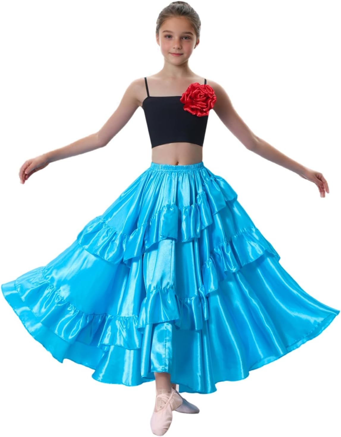 Double Ruffle Long Full Maxi Dance Skirt for Girls 8-12 Years