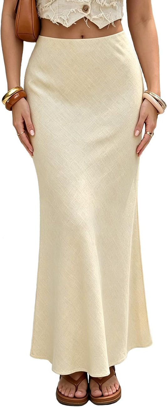 Linen Maxi Skirts Elastic Waist Flared 2026 Spring Summer White Long Linen Skirts for Women Ankle-Length Skirt
