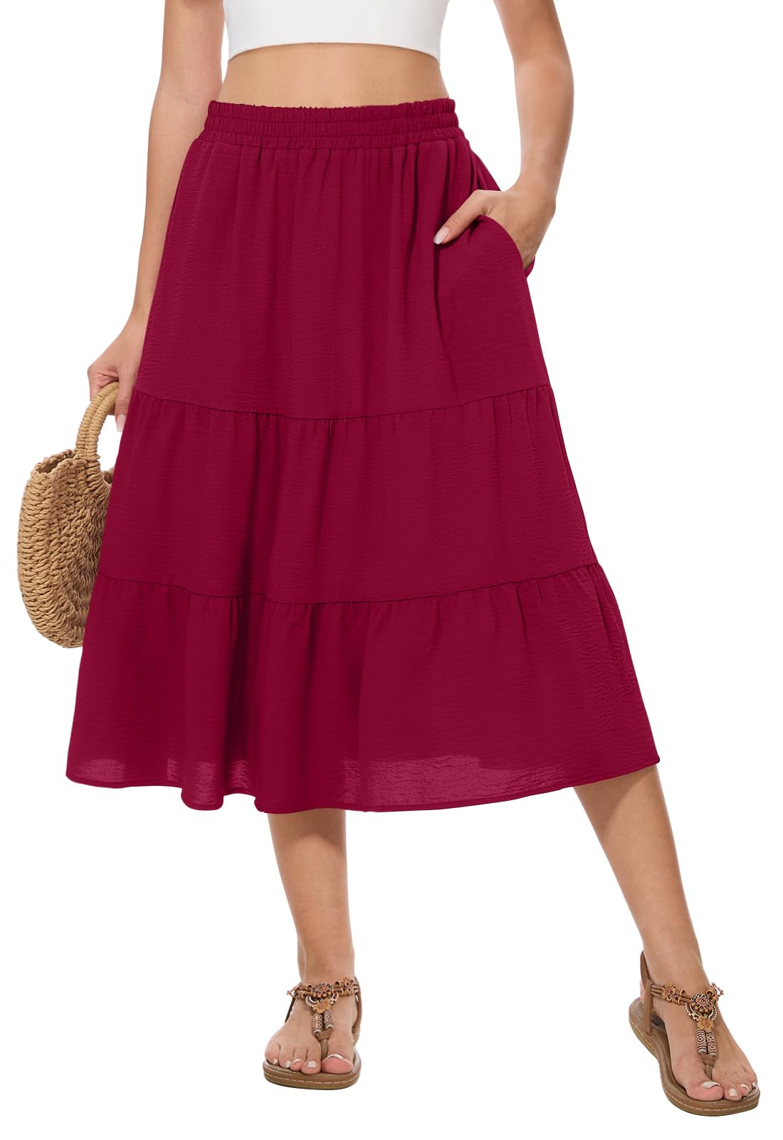 Women's Summer Midi Tiered Flowy High Waist A-Line Casual Skirts