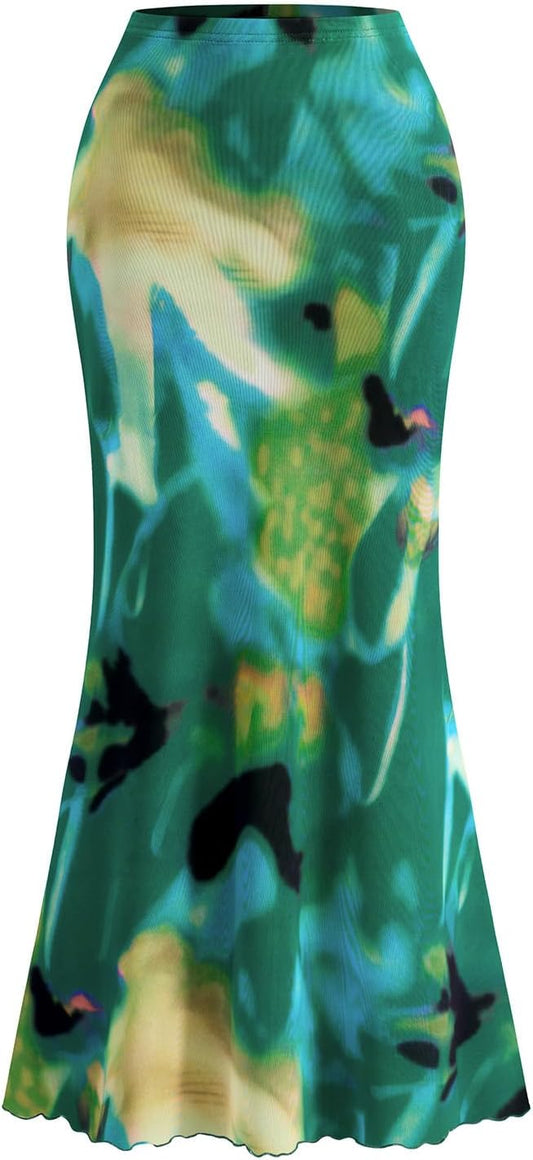 PRETTYGARDEN Women's Floral Print Mesh Long Skirt High Waisted Bodycon Fishtail Flowy Summer Maxi Skirts for Women Trendy