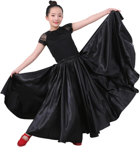 Girls Satin Full Circle Long Dance Skirt Ankle Length Shiny Satin Swing Skirt for Girls 8-12 Years Belly Dance Long Skirt
