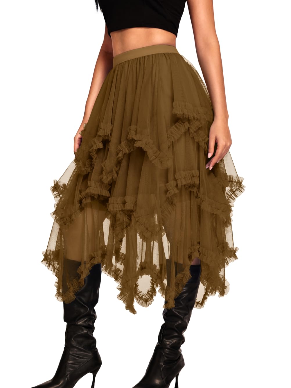 Kaei&Shi Long Tulle Skirt,Asymmetrical Ruffle Hem,Renaissance Fairy Costume