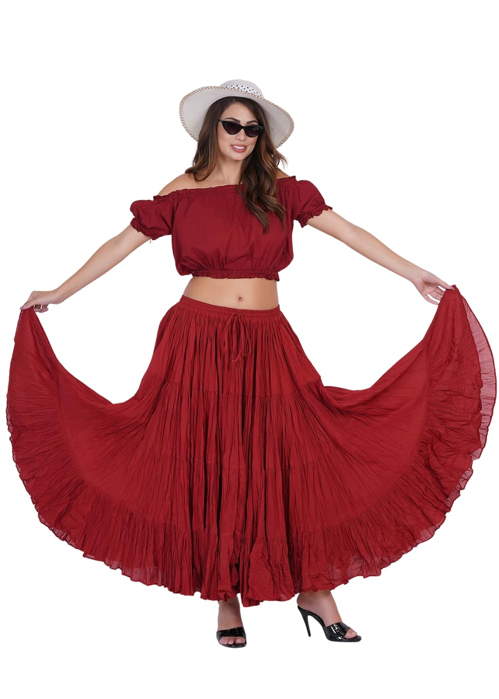 Wevez Women’s 40 Inch Cotton Full Circle Elastic Waist Tribal Fusion Belly Dance A Line Plus Size Maxi Skirt