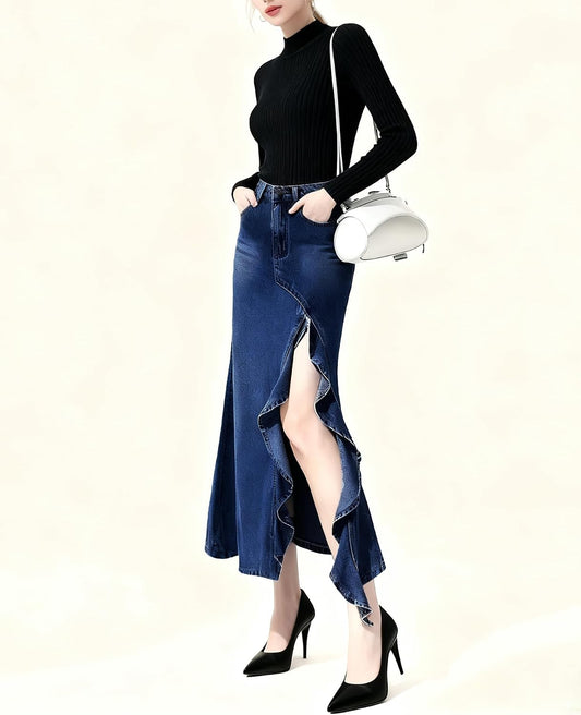 utcoco Women's Sexy Slit Denim Skirt Elegant Ruffle Fishtail Skirt Stretch High Waist Jean Skirts