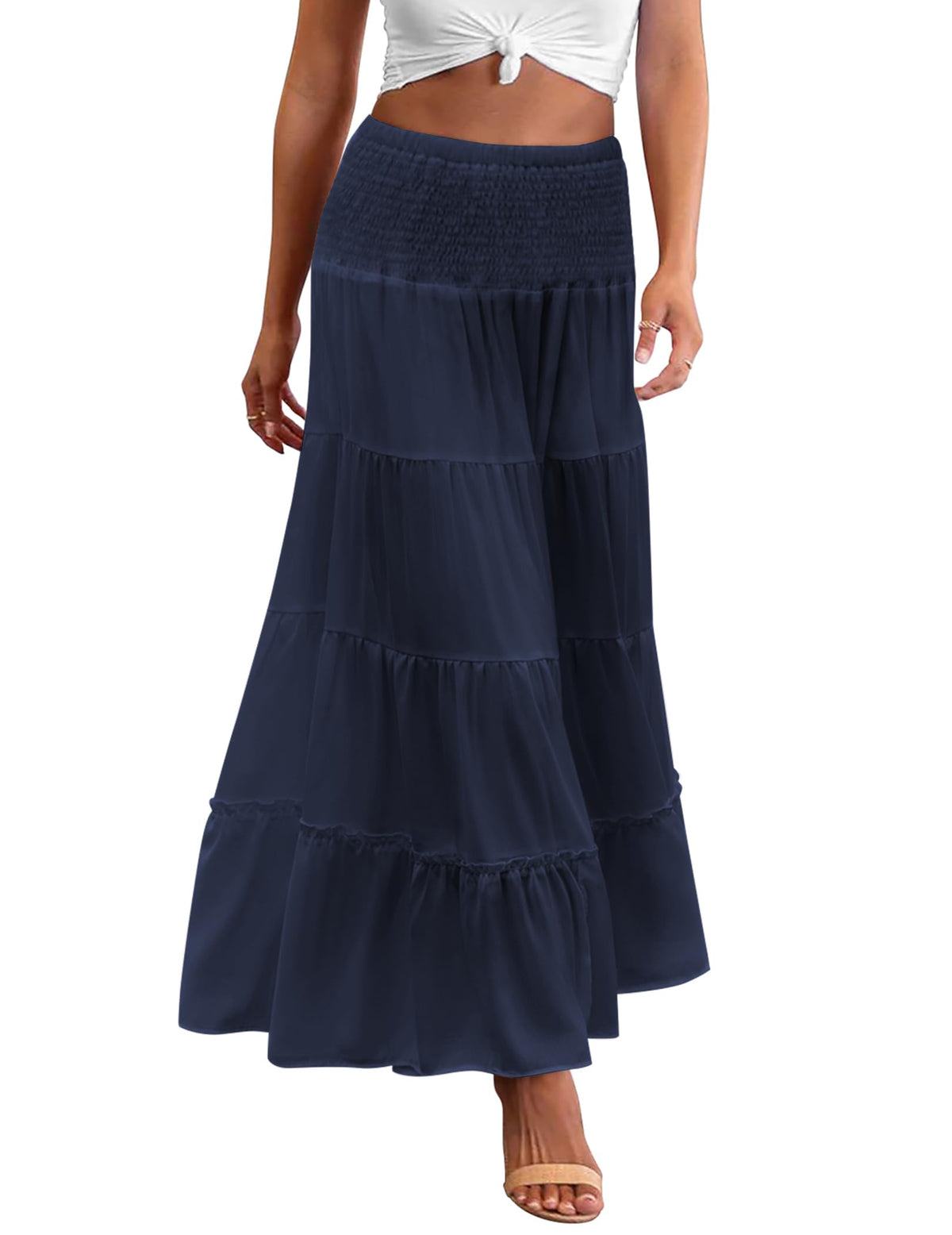 Zeagoo Women's Long Maxi Skirts Tiered Elastic High Waist Boho Double Layered Print A-Line Casual Midi Dress