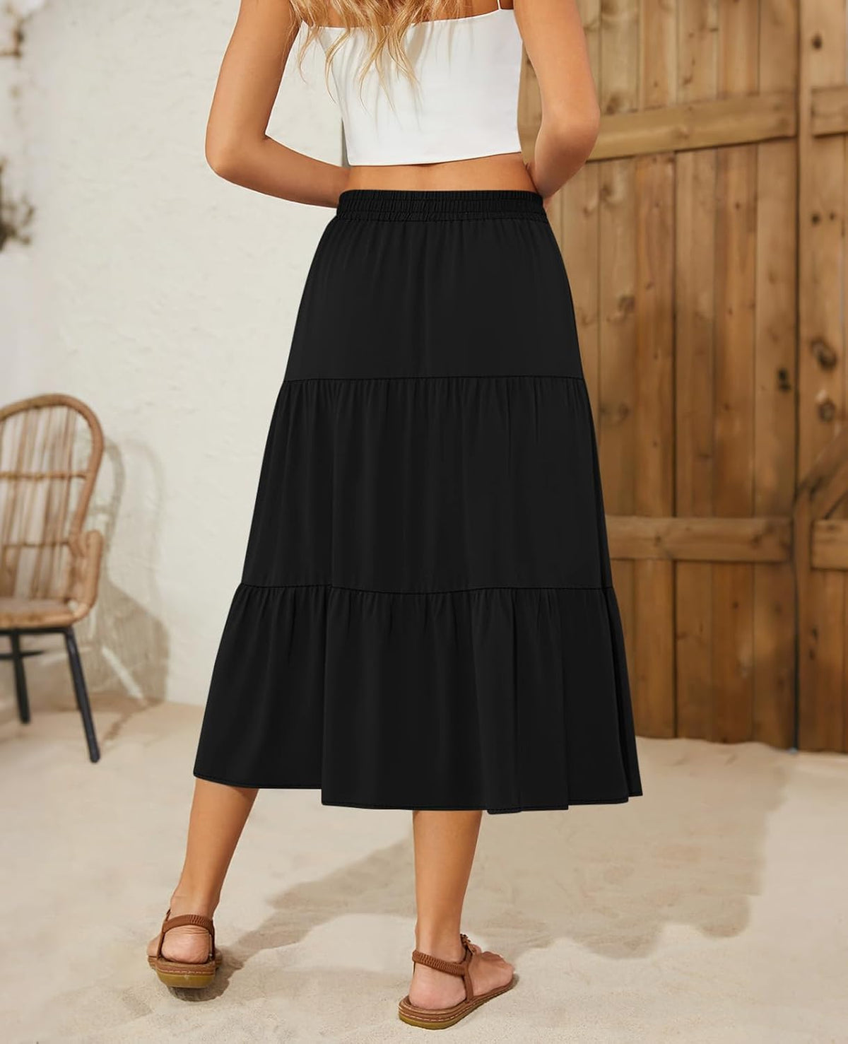 DouBCQ Women's Midi Skirt Flowy Tiered Ruffle High Waist Skirts
