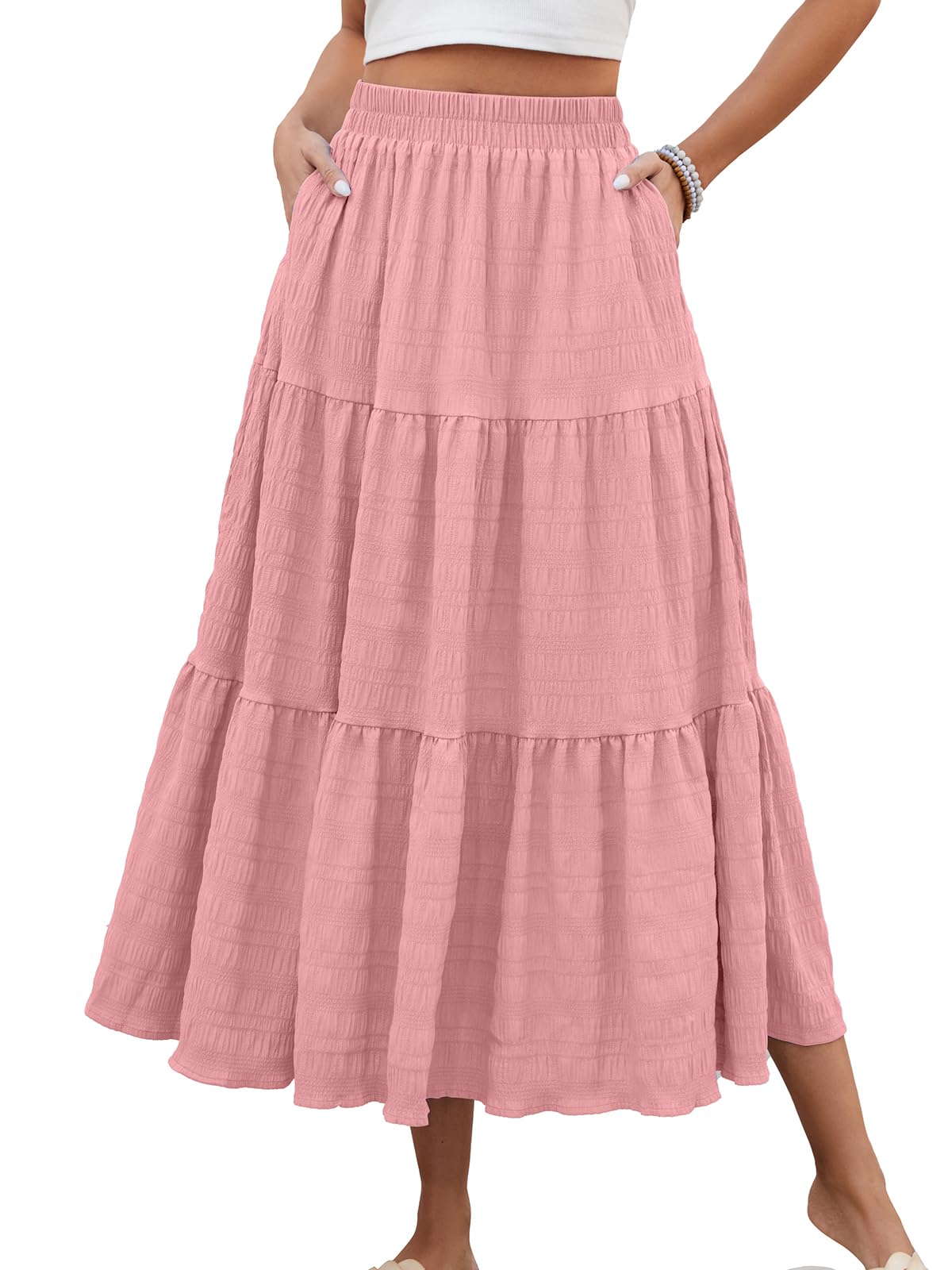 HUSKARY Women's Summer Casual Elegant Smock Layered Tiered Maxi Skirt High Waisted A Line Flowy Long Skirts with Pockets