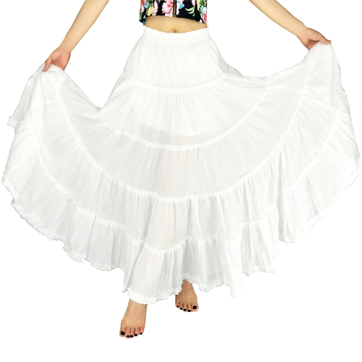 Women's Maxi Skirt Boho Pleated Cotton 5 Tiered Long A-Line Dance Skirts