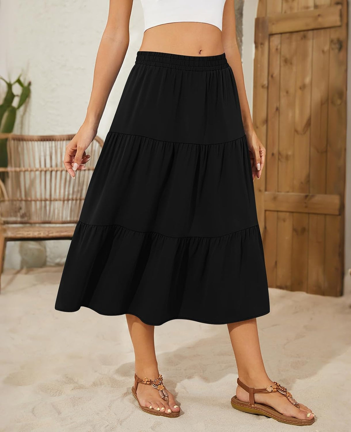 DouBCQ Women's Midi Skirt Flowy Tiered Ruffle High Waist Skirts