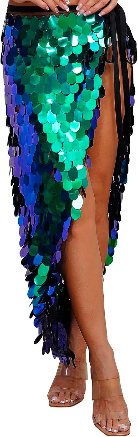 Shiny Sequins Skirt Belly Dance Hip Scarf for Women, Triangle Dancing Wrap Skirt Festival Performance Party Costume