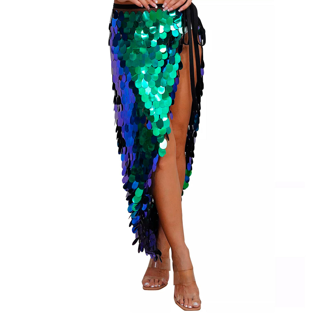 Shiny Sequins Skirt Belly Dance Hip Scarf for Women, Triangle Dancing Wrap Skirt Festival Performance Party Costume