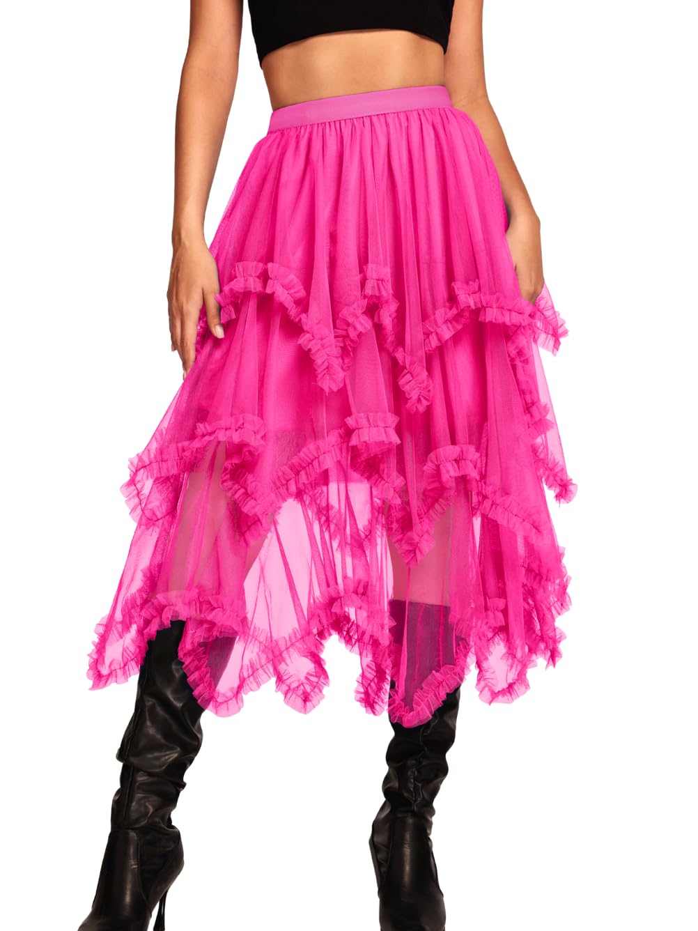 Kaei&Shi Long Tulle Skirt,Asymmetrical Ruffle Hem,Renaissance Fairy Costume