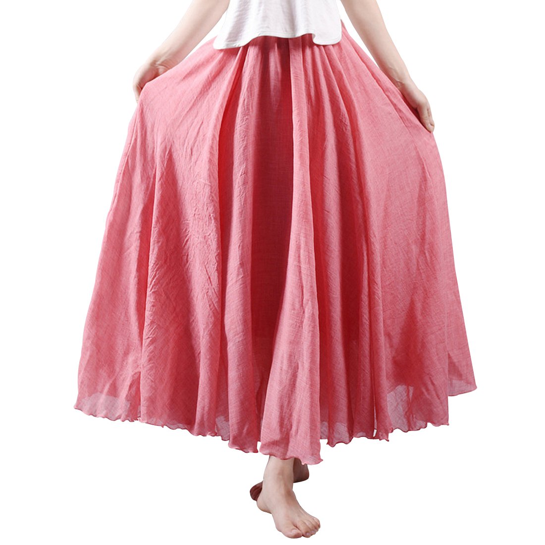 Kafeimali Women Bohemian Cotton Linen Double Layer Elastic Waist Long Maxi Skirt