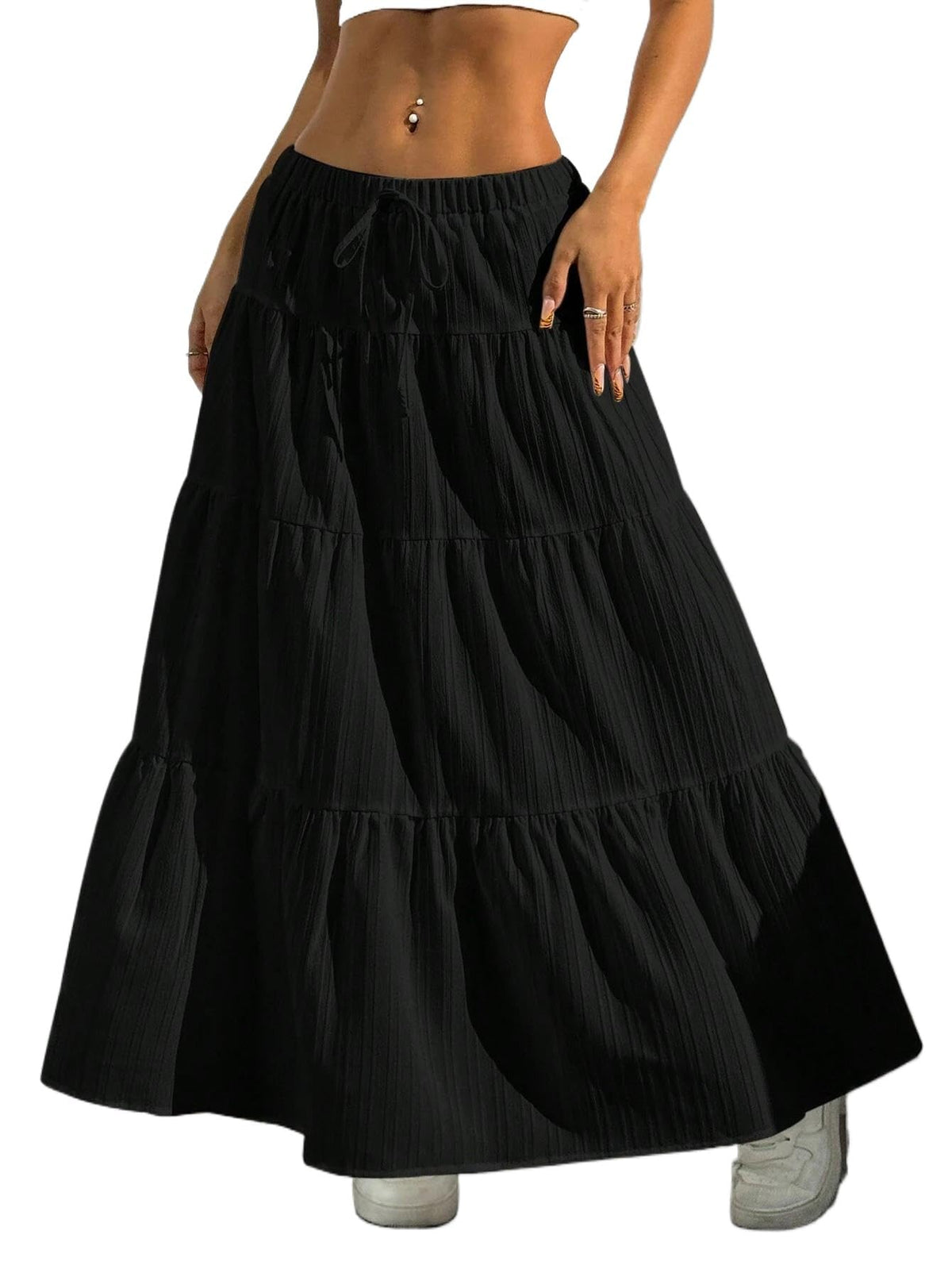 Maxi Skirt for Women Long Boho Flowy Ruffle Elastic High Waist