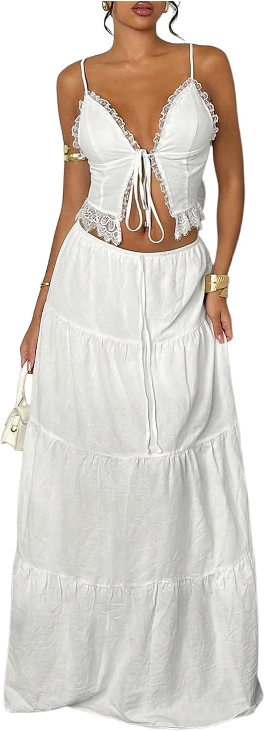 Floerns Women's 2 Piece Outfit Tie Front Camisole Top Tiered Maxi Skirt Set