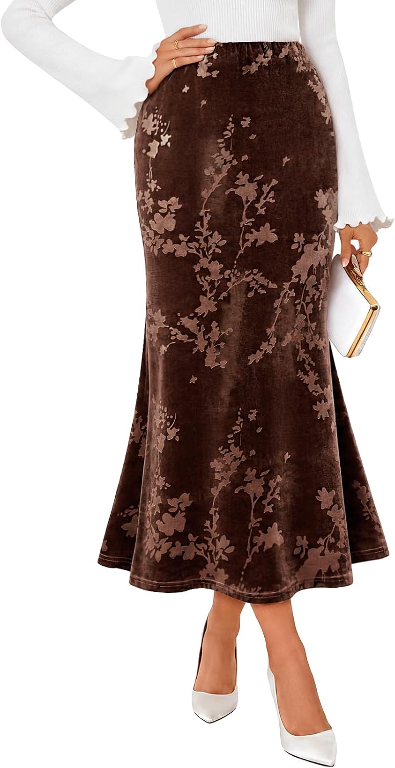 MEROKEETY Women's Fall Floral Velvet Maxi Skirt