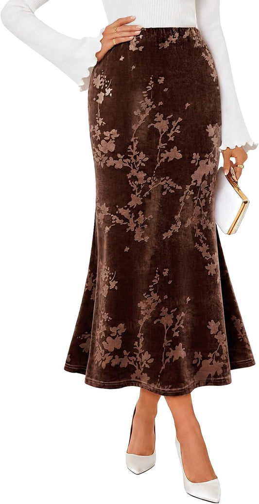 MEROKEETY Women's Fall Floral Velvet Maxi Skirt
