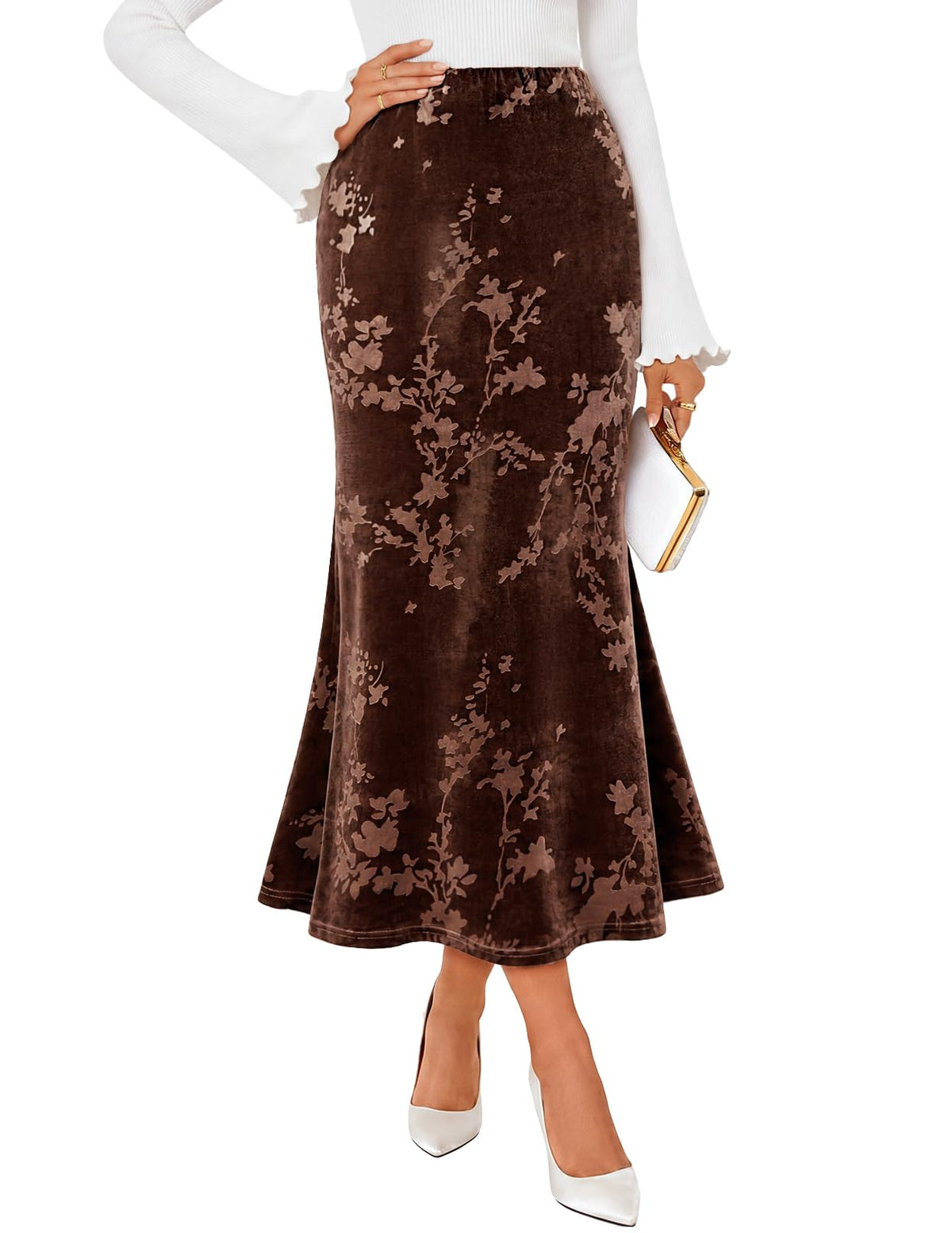 MEROKEETY Women's Fall Floral Velvet Maxi Skirt