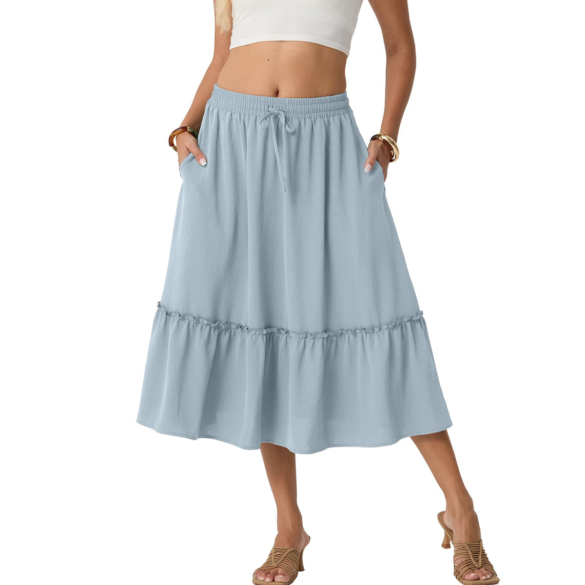 FREEOAK Skirts for Women High Waisted Tiered A Line Midi Skirt Knee Length Summer Skirts Drawstring with Pockets
