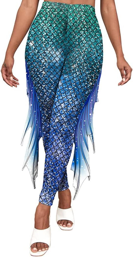 color cosplayer Mermaid Yoga Print Leggings for Women Plus Size Fish Scale High Waisted Pants Halloween Costume Tights