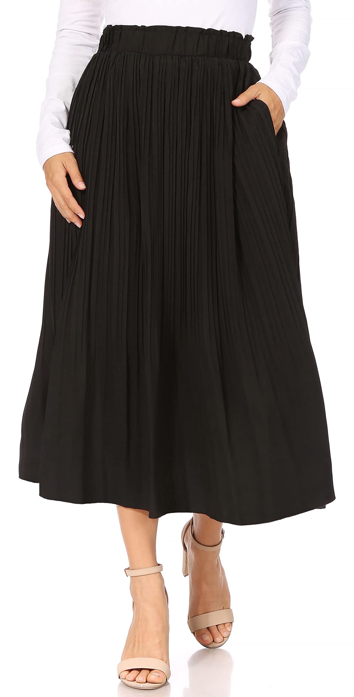 Simlu Pleated Midi Skirts for Women with Pockets, Elastic High Waisted Skirt Reg & Plus Size Womens Summer Skirts Trendy 2023