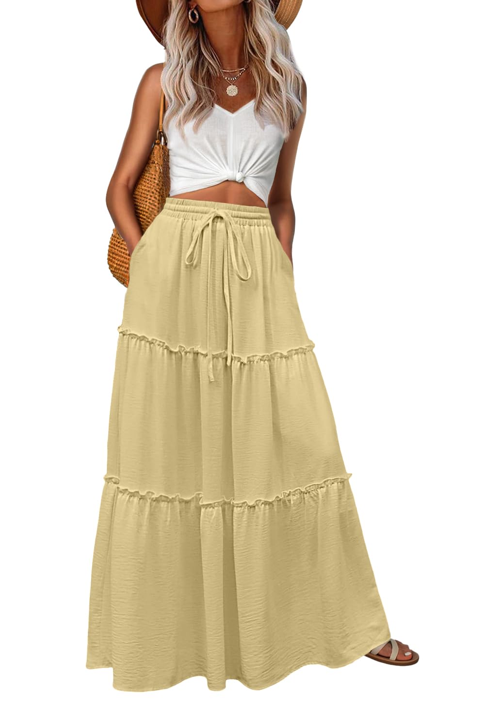 Lepunuo Womens Casual Boho High Waisted Flowy Maxi Skirts Tiered Floral Long Skirts with Pockets for Summer Beach Vacation