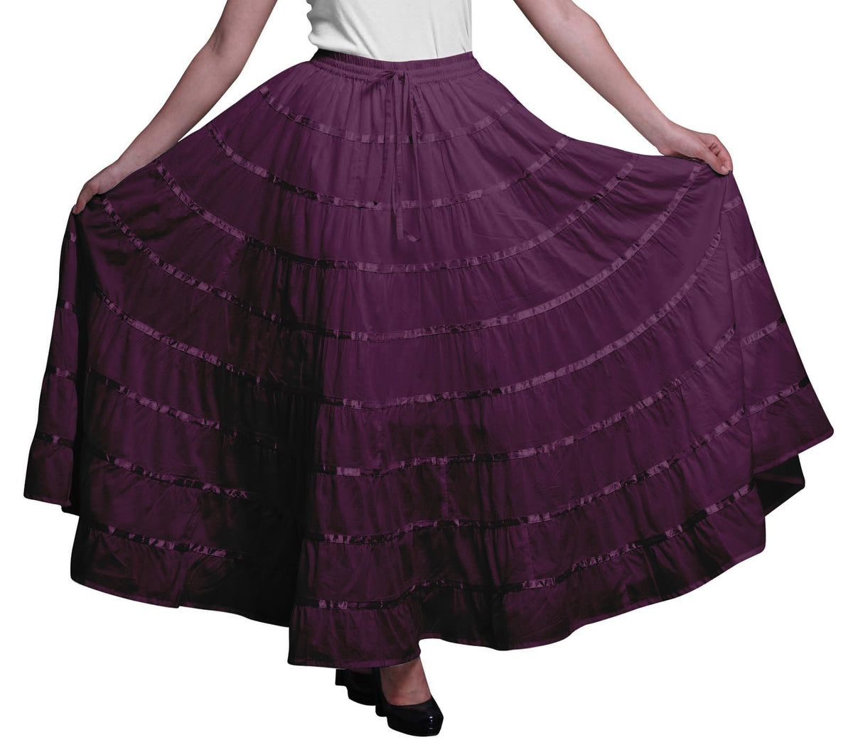 Solid Long Maxi Cotton Beach Wear Skirt for Women Elastic Waist Skirt Summer Wear