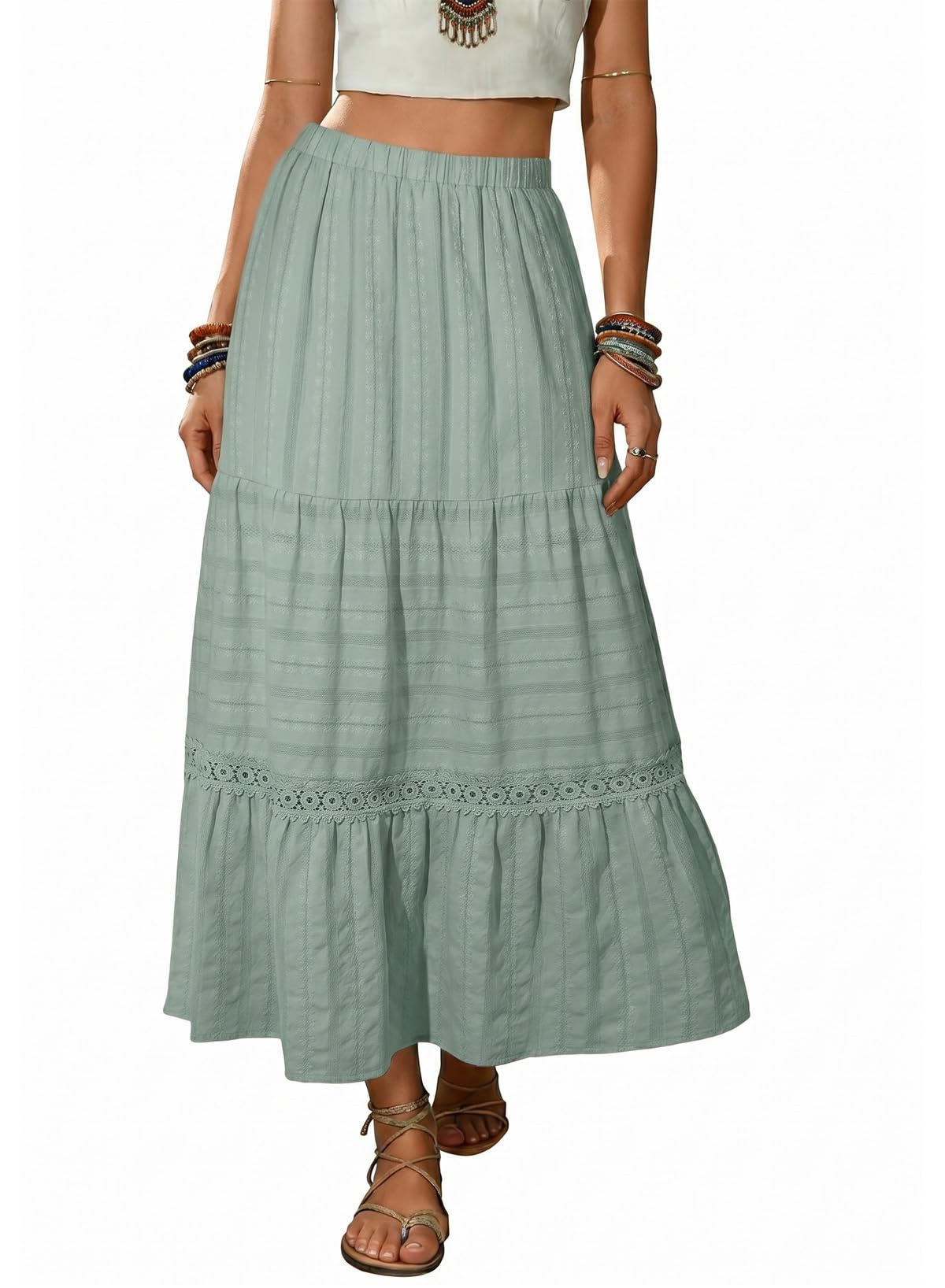 BLENCOT Women's Boho Tiered High Waisted Cotton Long Flowy Skirt