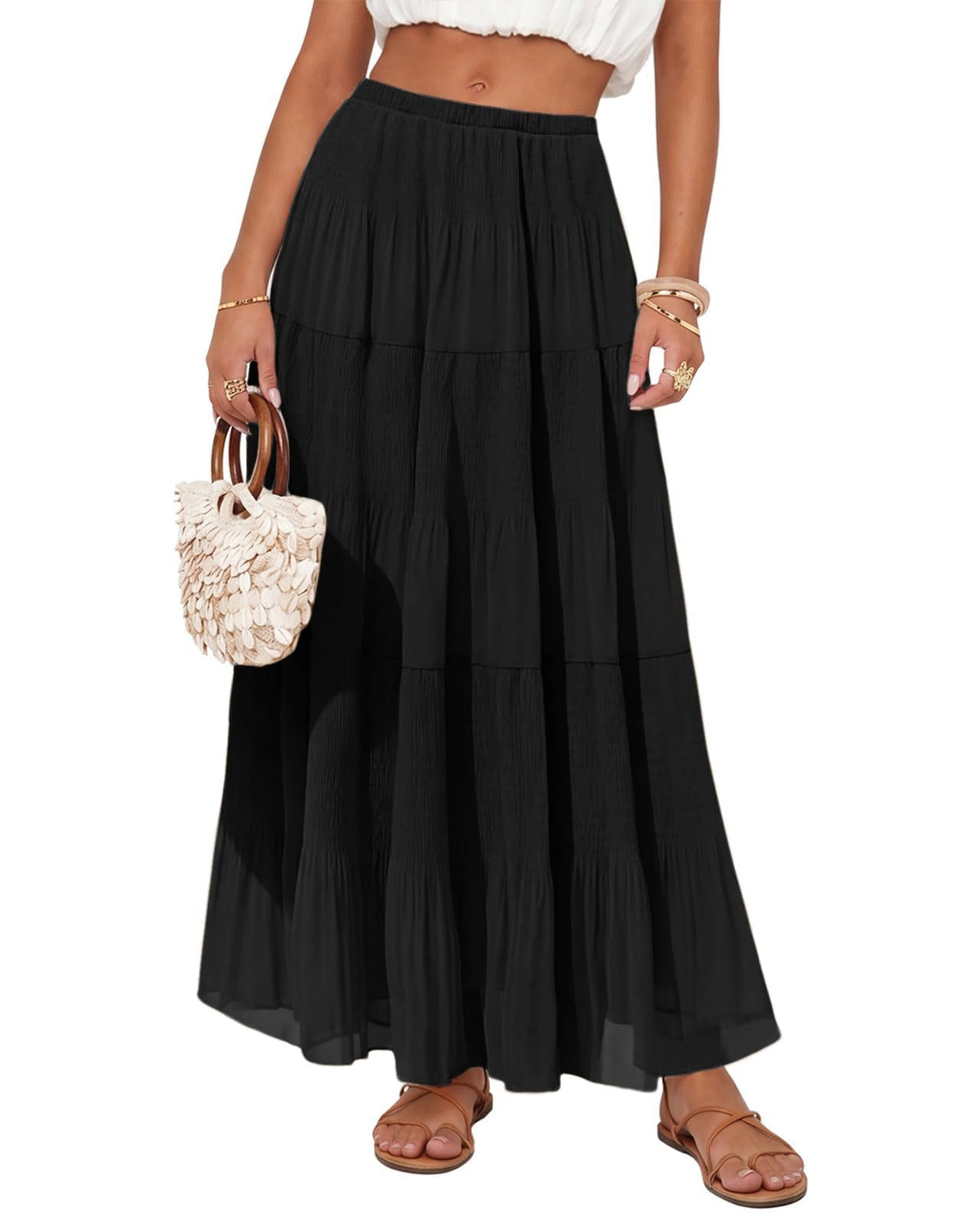 Women's Chiffon Maxi Skirt Pleated High Waisted Flowy Long Skirts