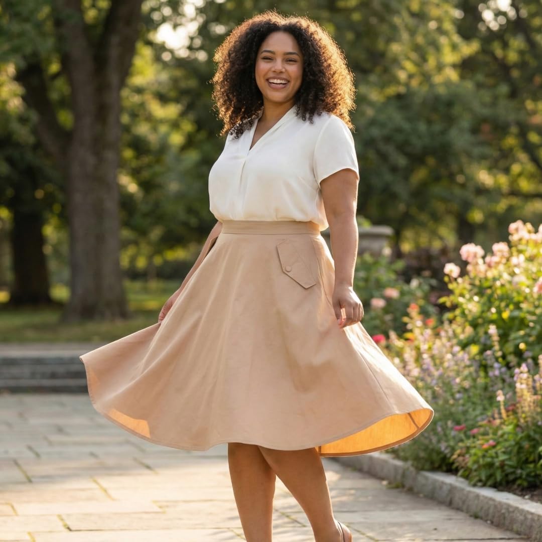 Tatyana Delilah Circle Skirt, Cotton Blend, Vintage Style with Patch Pockets, Full Circle Design, Camel or Red, XS-4X