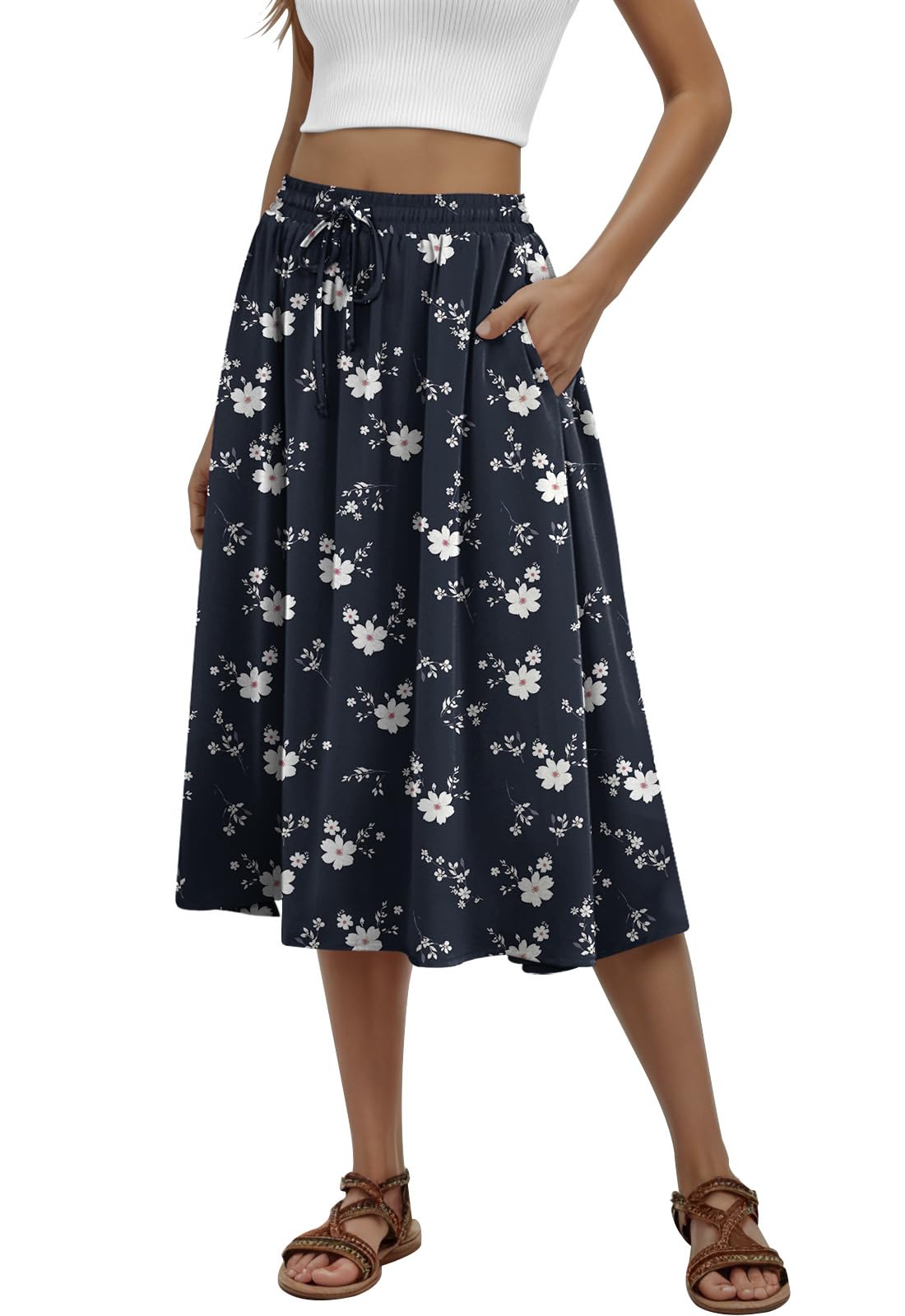 MLXSJ Women's Midi Skirt Summer Pleated Flowy Skirts with Pockets S-3XL