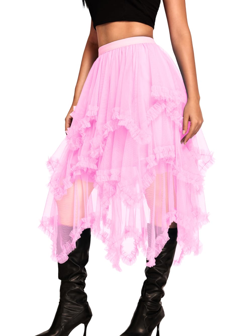 Kaei&Shi Long Tulle Skirt,Asymmetrical Ruffle Hem,Renaissance Fairy Costume