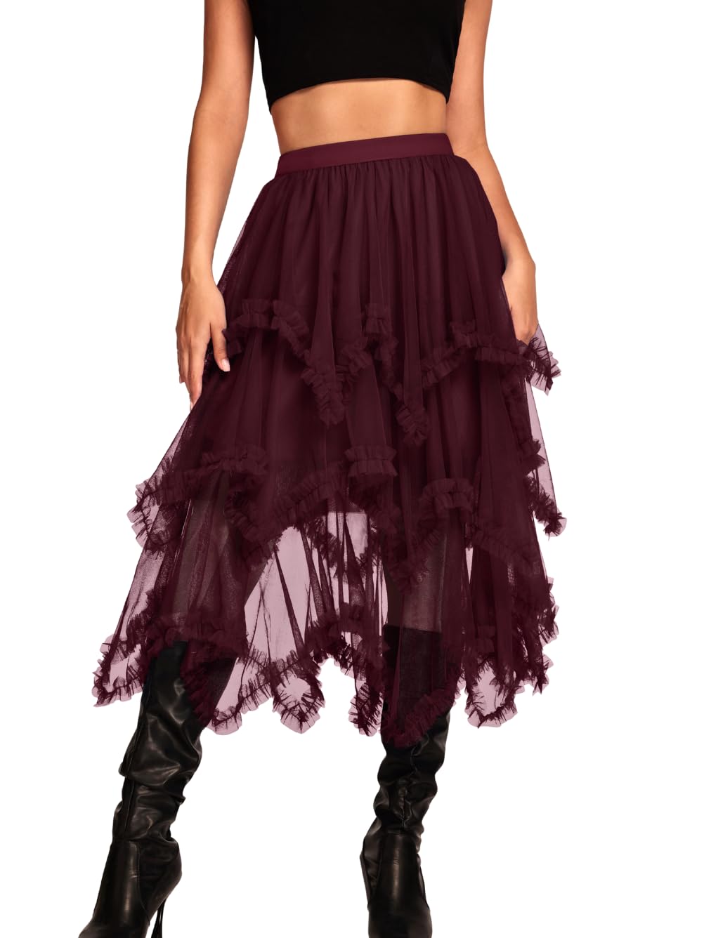 Kaei&Shi Long Tulle Skirt,Asymmetrical Ruffle Hem,Renaissance Fairy Costume