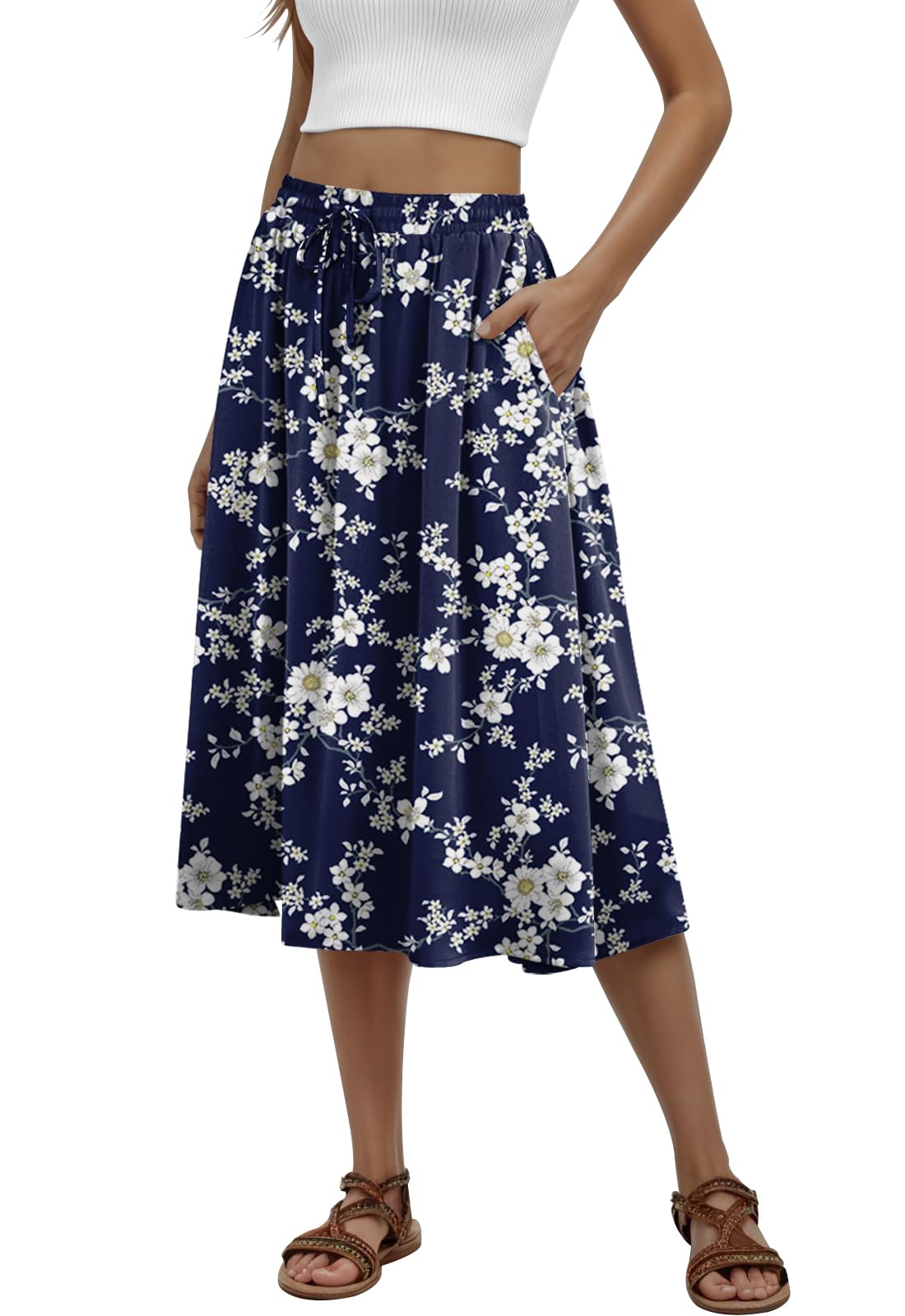 MLXSJ Women's Midi Skirt Summer Pleated Flowy Skirts with Pockets S-3XL