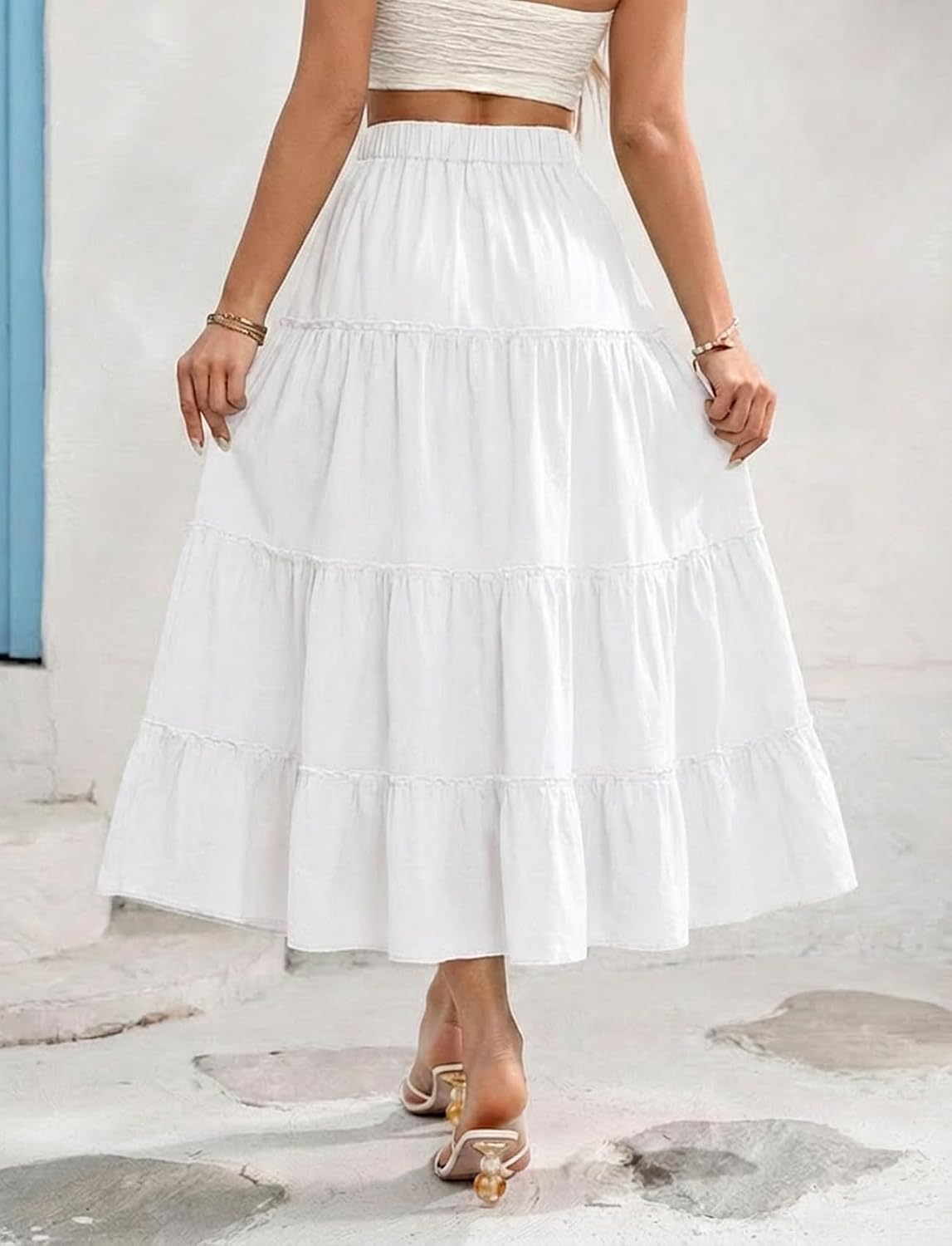 Cotton Maxi Skirt for Women Flowy Tiered Boho with Elastic Waist